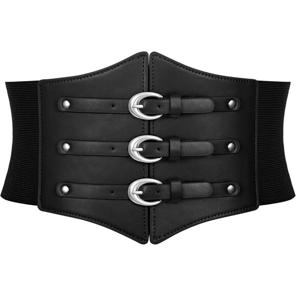 Accessories - Women Corset Wide Stretch Waspie Elastic Waist Belt with Black Buckle Silver